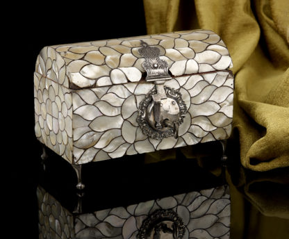 A Spanish Colonial Antique Mother of pearl casket with silver mounts Closed