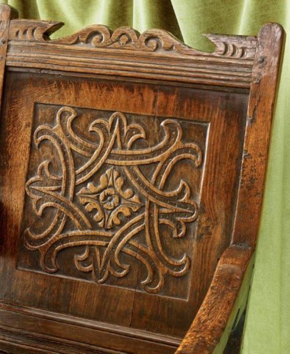 A Mid Century 17th Century Carved Oak Wainscot Chair Closeup Detail