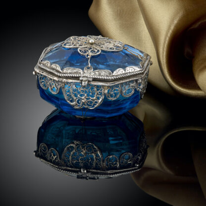 European Blue Glass Box With Silver Mounts and Filigree Decoration - Front