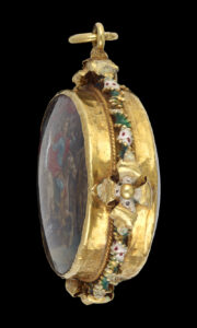 A rock crystal locket, mounted with gold and enamels; Italian or Spanish, 17th century side