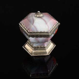 A rare hexagonal Salt made of rose coloured agate, with a hinged lid and silver mounts; German, 17th century main