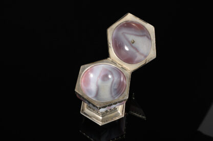 A rare hexagonal Salt made of rose coloured agate, with a hinged lid and silver mounts; German, 17th century open