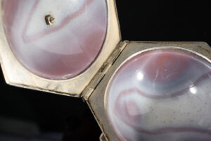 A rare hexagonal Salt made of rose coloured agate, with a hinged lid and silver mounts; German, 17th century hinge