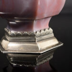 A rare hexagonal Salt made of rose coloured agate, with a hinged lid and silver mounts; German, 17th century base