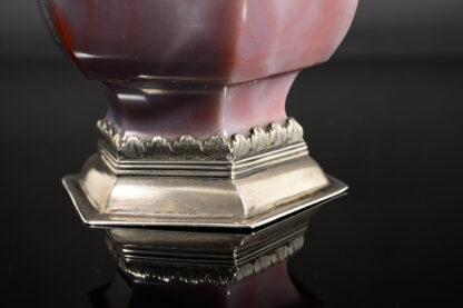 A rare hexagonal Salt made of rose coloured agate, with a hinged lid and silver mounts; German, 17th century base