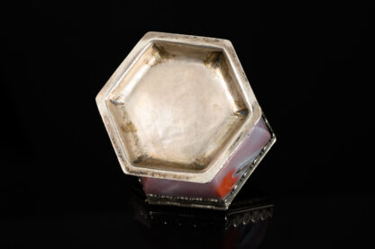 A rare hexagonal Salt made of rose coloured agate, with a hinged lid and silver mounts; German, 17th century bottom