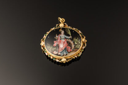 A devotional pendant, rock crystal mounted with gold decorated with enamels; Italian or Spanish, mid 17th century St Catherine side