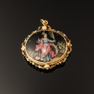 A devotional pendant, rock crystal mounted with gold decorated with enamels; Italian or Spanish, mid 17th century main image